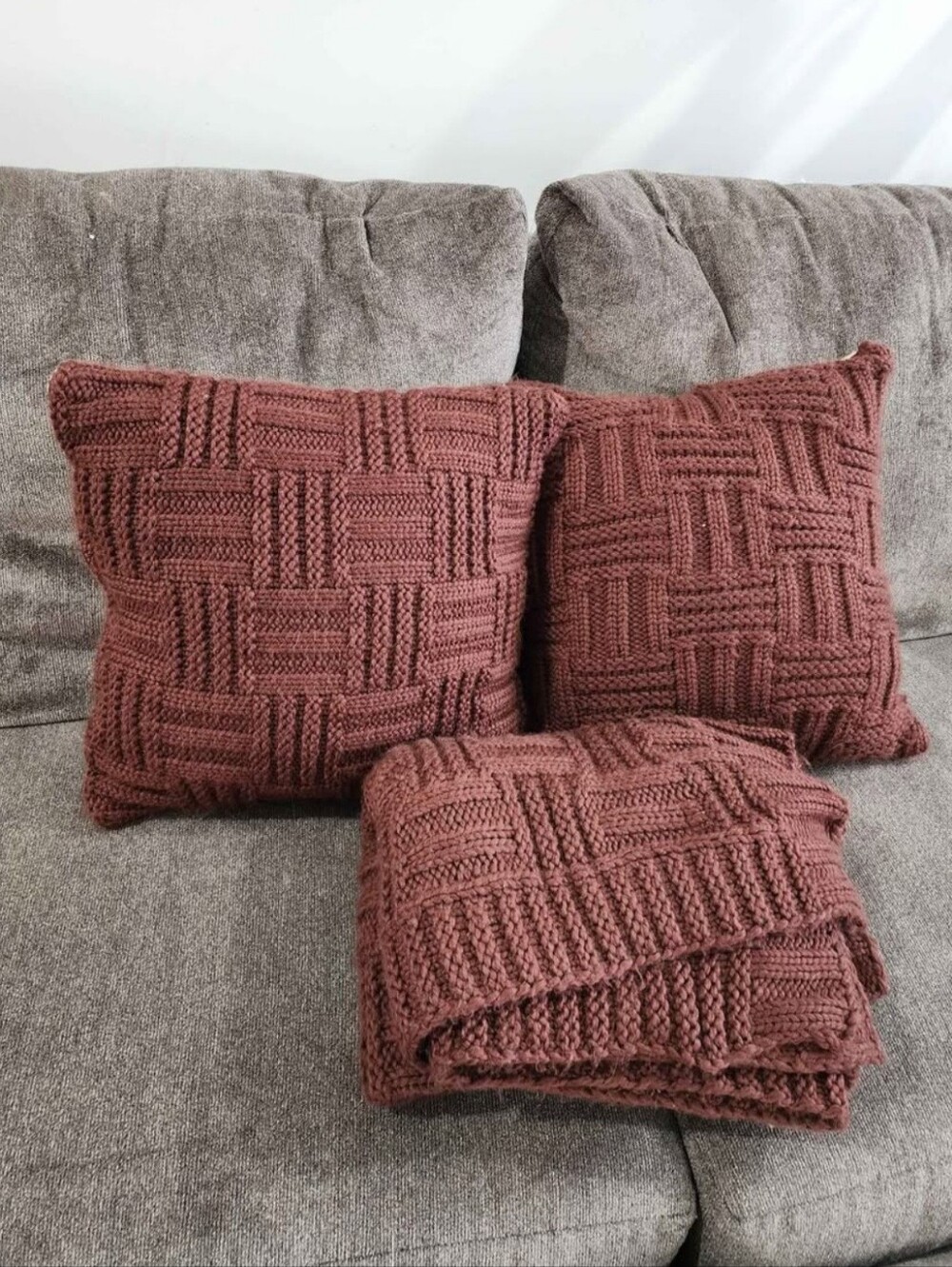 Threshold Matching Burguny Basket Weave Pillows & Throw Blanket
